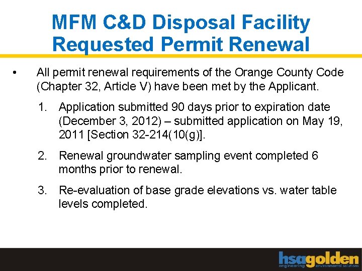 MFM C&D Disposal Facility Requested Permit Renewal • All permit renewal requirements of the