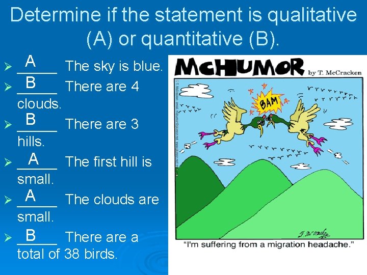 Determine if the statement is qualitative (A) or quantitative (B). A _____ The sky