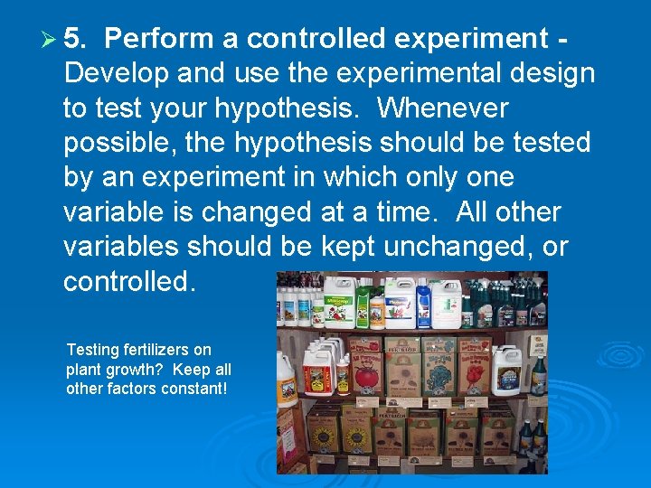Ø 5. Perform a controlled experiment Develop and use the experimental design to test
