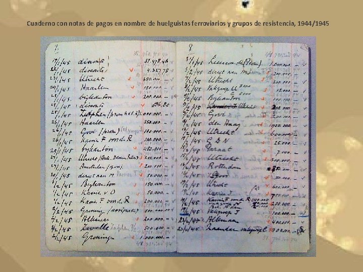 Cuaderno con notas de pagos en nombre de huelguistas ferroviarios y grupos de resistencia,