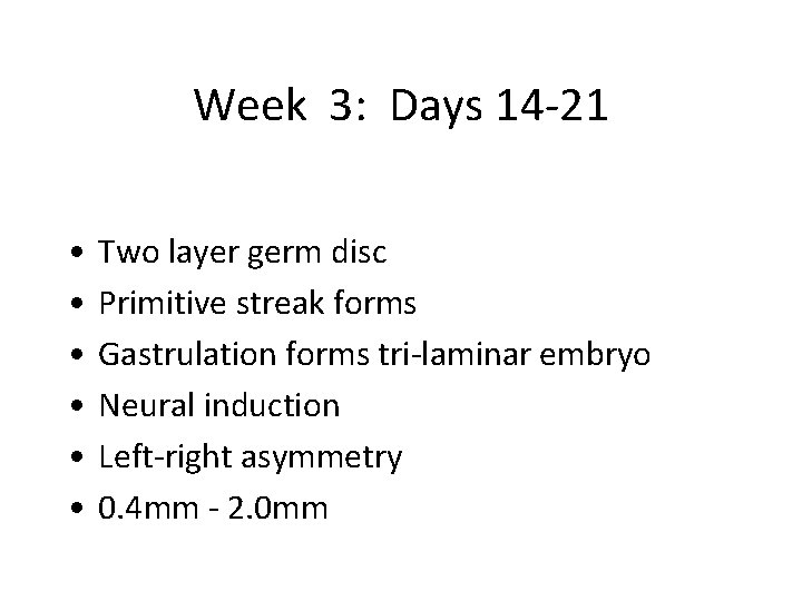 Week 3: Days 14 -21 • • • Two layer germ disc Primitive streak