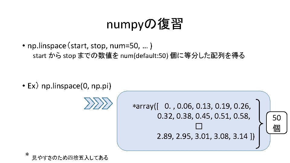numpyの復習 • np. linspace（start, stop, num=50, … ) start から stop までの数値を num(default: 50)