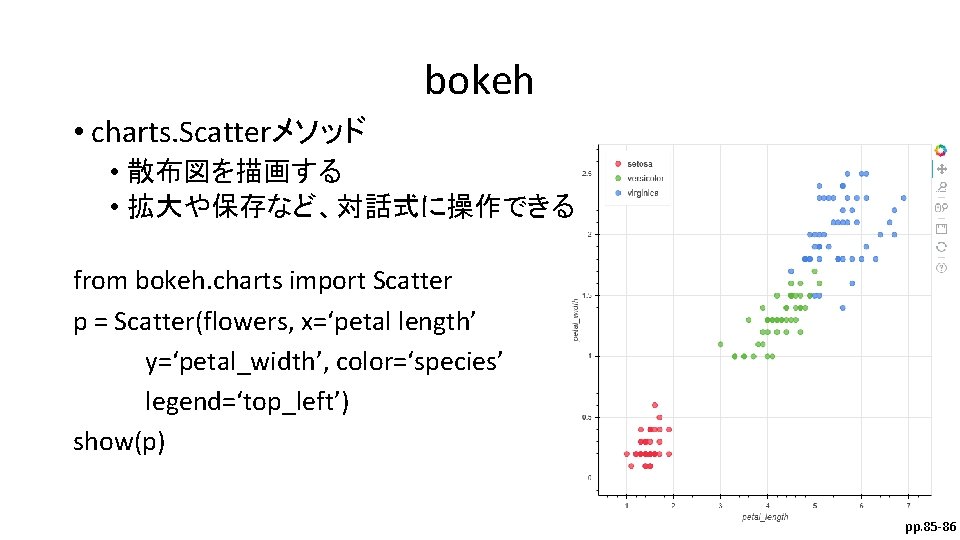 bokeh • charts. Scatterメソッド • 散布図を描画する • 拡大や保存など、対話式に操作できる from bokeh. charts import Scatter p