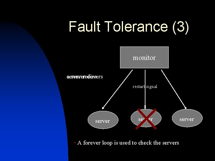 Fault Tolerance (3) monitor a serverrecovers server dies restart signal server • A forever