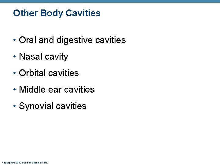 Other Body Cavities • Oral and digestive cavities • Nasal cavity • Orbital cavities