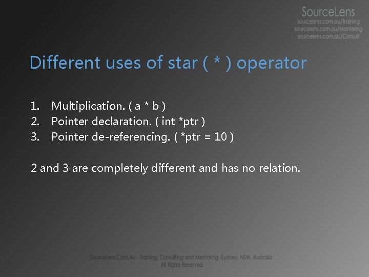 Different uses of star ( * ) operator 1. 2. 3. Multiplication. ( a