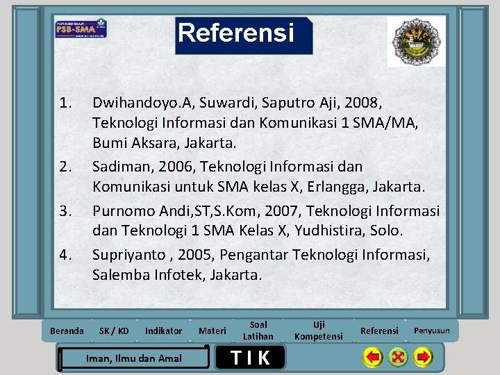 Referensi 1. 2. 3. 4. Beranda Dwihandoyo. A, Suwardi, Saputro Aji, 2008, Teknologi Informasi