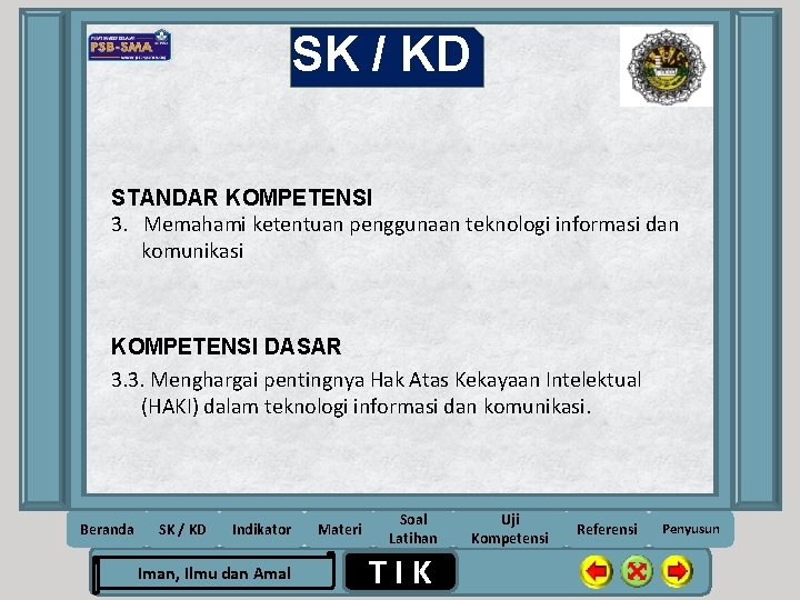 SK / KD STANDAR KOMPETENSI 3. Memahami ketentuan penggunaan teknologi informasi dan komunikasi KOMPETENSI