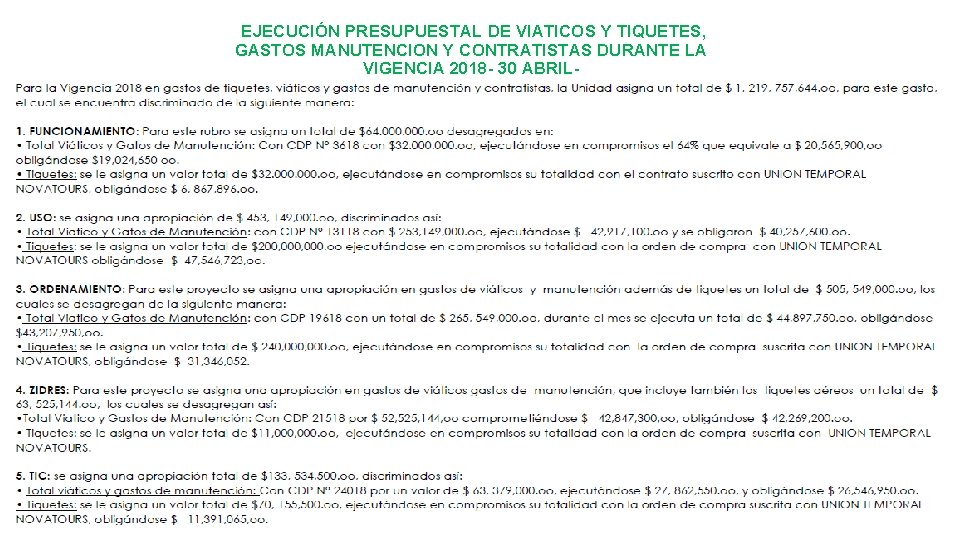 EJECUCIÓN PRESUPUESTAL DE VIATICOS Y TIQUETES, GASTOS MANUTENCION Y CONTRATISTAS DURANTE LA VIGENCIA 2018