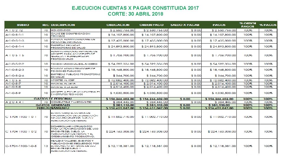 EJECUCION CUENTAS X PAGAR CONSTITUIDA 2017 CORTE: 30 ABRIL 2018 