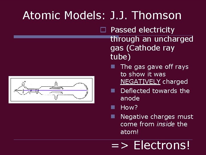 Atomic Models: J. J. Thomson o Passed electricity through an uncharged gas (Cathode ray