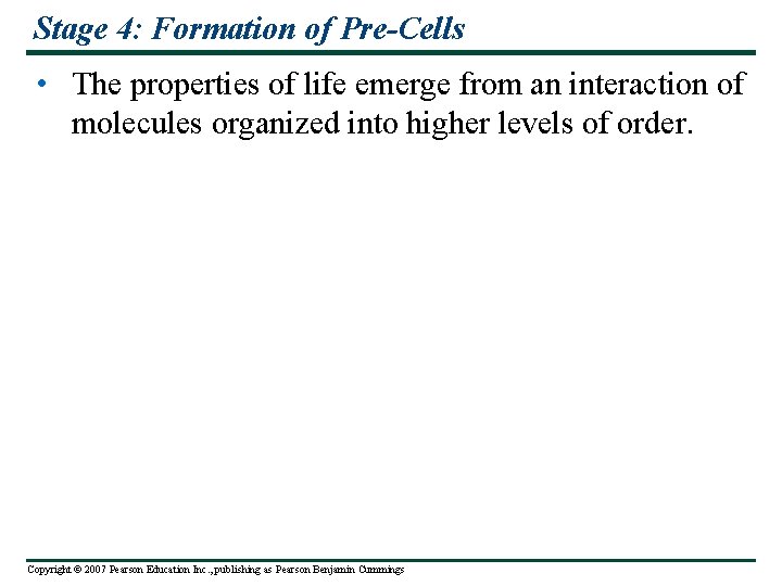 Stage 4: Formation of Pre-Cells • The properties of life emerge from an interaction