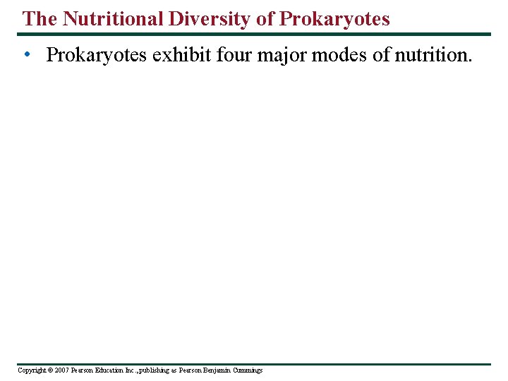 The Nutritional Diversity of Prokaryotes • Prokaryotes exhibit four major modes of nutrition. Copyright