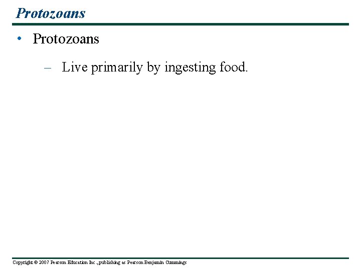 Protozoans • Protozoans – Live primarily by ingesting food. Copyright © 2007 Pearson Education