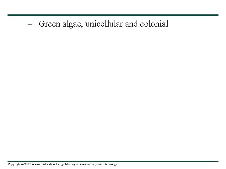 – Green algae, unicellular and colonial Copyright © 2007 Pearson Education Inc. , publishing