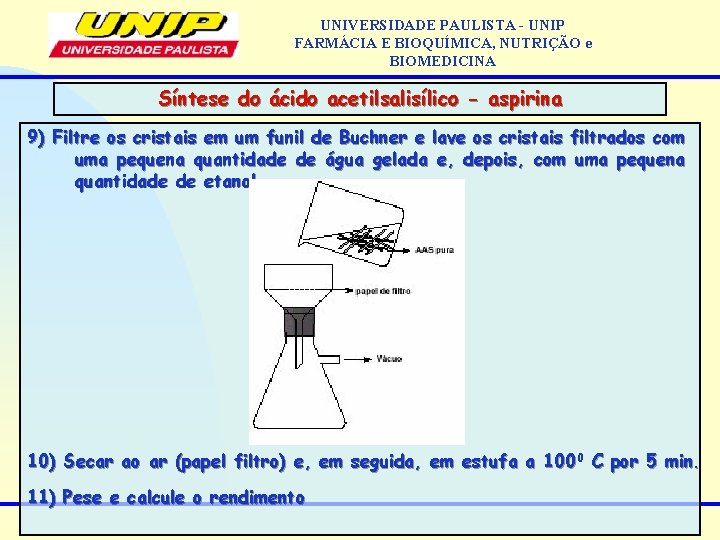 UNIVERSIDADE PAULISTA - UNIP FARMÁCIA E BIOQUÍMICA, NUTRIÇÃO e BIOMEDICINA Síntese do ácido acetilsalisílico