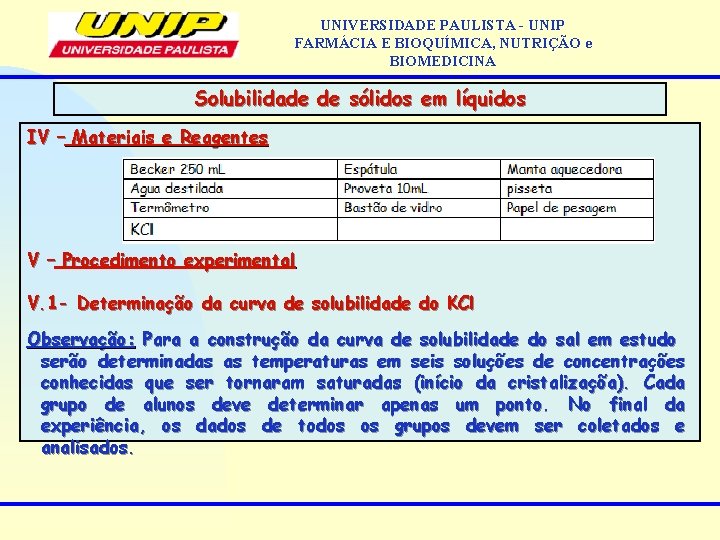 UNIVERSIDADE PAULISTA - UNIP FARMÁCIA E BIOQUÍMICA, NUTRIÇÃO e BIOMEDICINA Solubilidade de sólidos em