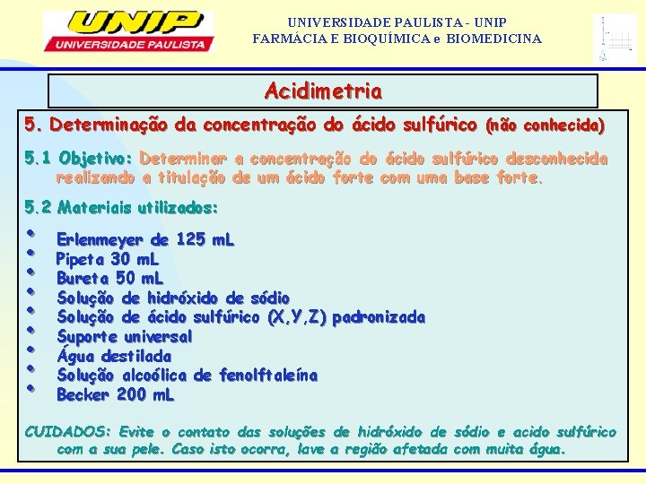 UNIVERSIDADE PAULISTA - UNIP FARMÁCIA E BIOQUÍMICA e BIOMEDICINA Acidimetria 5. Determinação da concentração