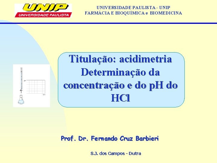 UNIVERSIDADE PAULISTA - UNIP FARMÁCIA E BIOQUÍMICA e BIOMEDICINA Titulação: acidimetria Determinação da concentração