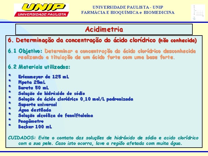 UNIVERSIDADE PAULISTA - UNIP FARMÁCIA E BIOQUÍMICA e BIOMEDICINA Acidimetria 6. Determinação da concentração