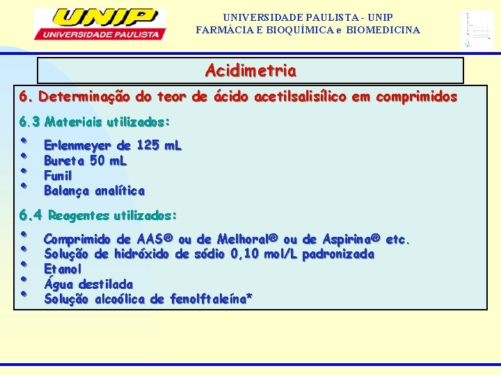 UNIVERSIDADE PAULISTA - UNIP FARMÁCIA E BIOQUÍMICA e BIOMEDICINA Acidimetria 6. Determinação do teor