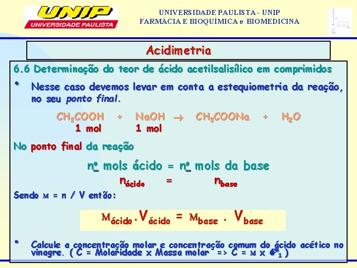 UNIVERSIDADE PAULISTA - UNIP FARMÁCIA E BIOQUÍMICA e BIOMEDICINA Acidimetria 6. 6 Determinação do