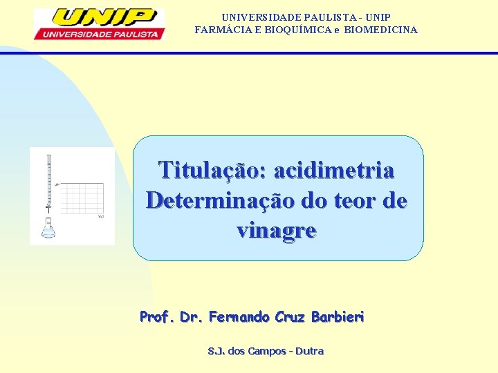 UNIVERSIDADE PAULISTA - UNIP FARMÁCIA E BIOQUÍMICA e BIOMEDICINA Titulação: acidimetria Determinação do teor