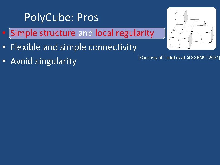 Poly. Cube: Pros • Simple structure and local regularity • Flexible and simple connectivity