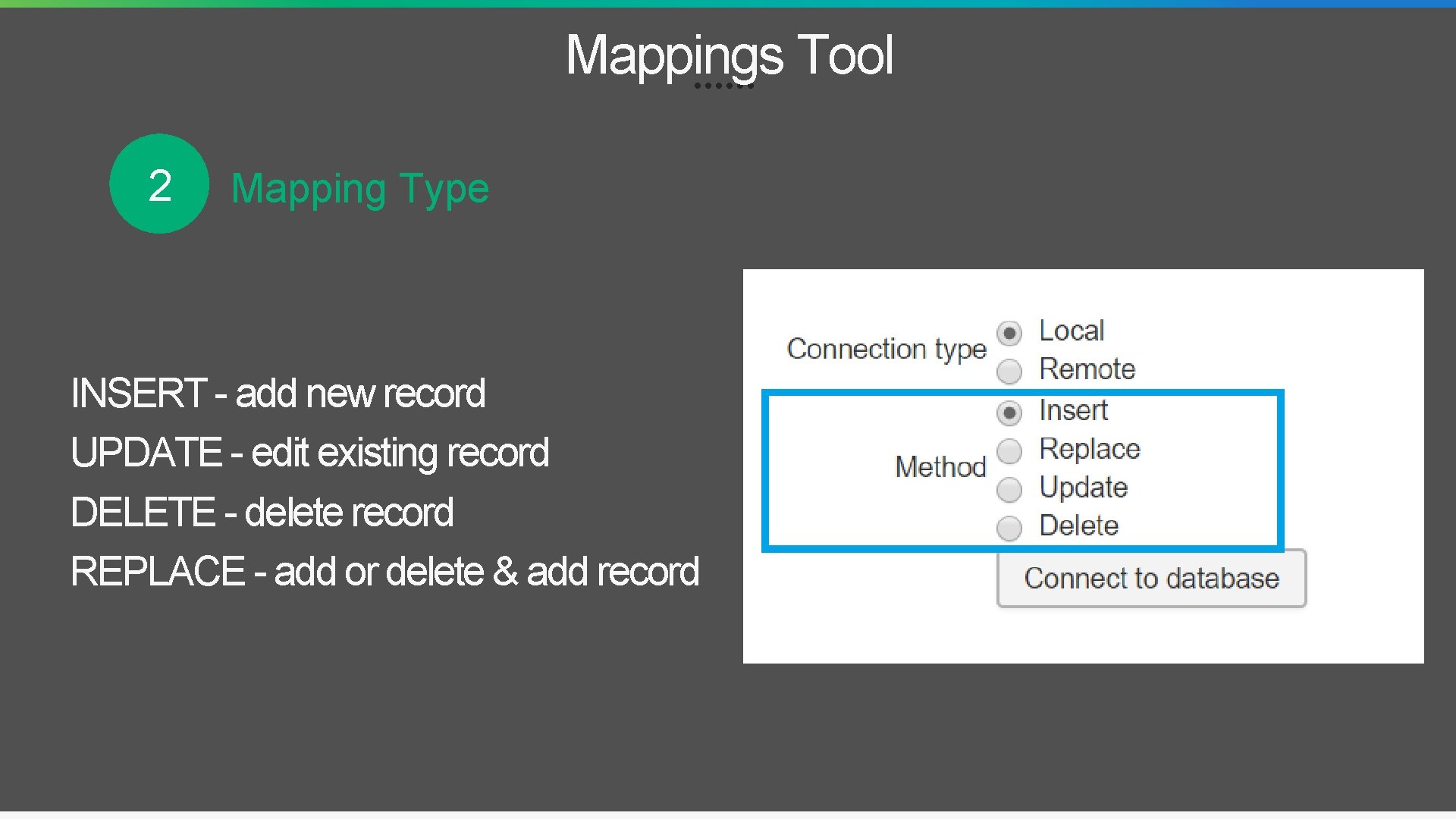 Mappings Tool 2 Mapping Type INSERT - add new record UPDATE - edit existing