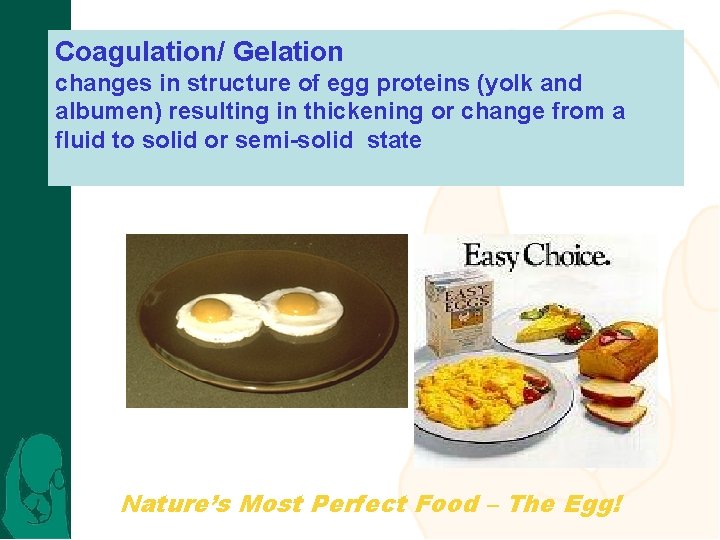 Coagulation/ Gelation changes in structure of egg proteins (yolk and albumen) resulting in thickening