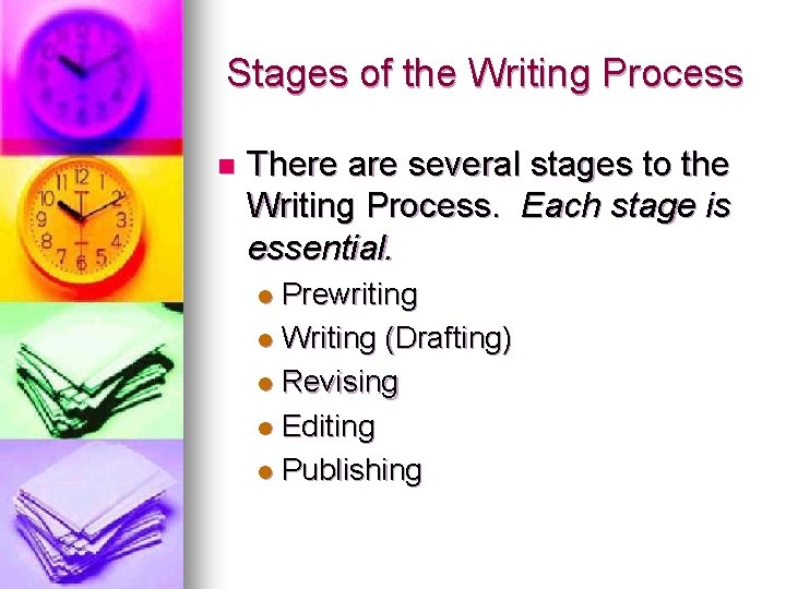 Stages of the Writing Process n There are several stages to the Writing Process.