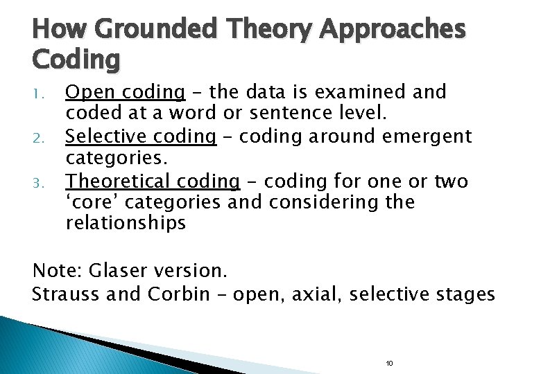 How Grounded Theory Approaches Coding 1. 2. 3. Open coding - the data is