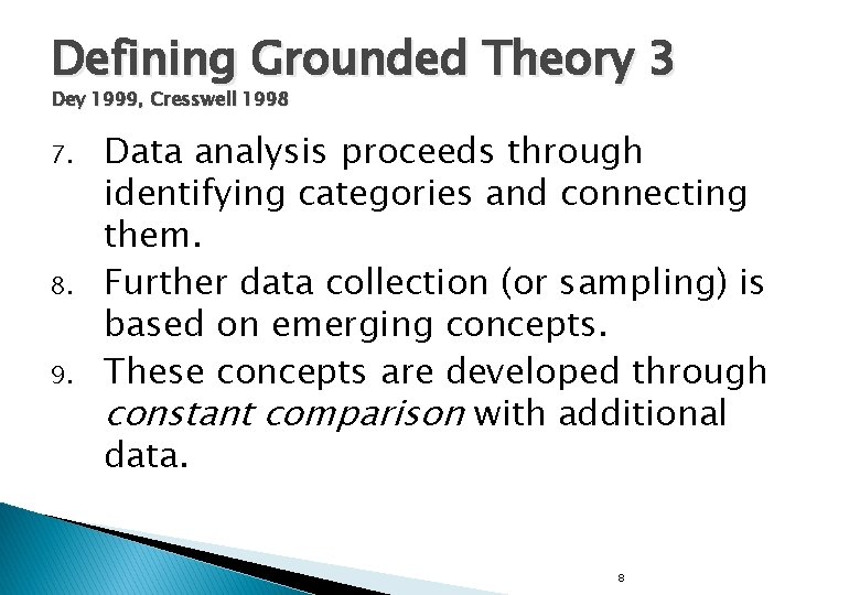 Defining Grounded Theory 3 Dey 1999, Cresswell 1998 7. 8. 9. Data analysis proceeds