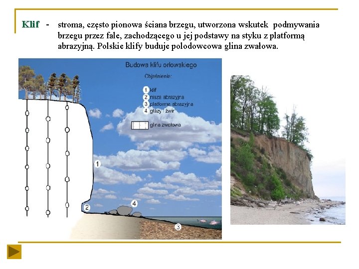 Klif - stroma, często pionowa ściana brzegu, utworzona wskutek podmywania brzegu przez fale, zachodzącego