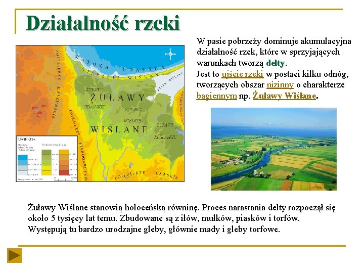 Działalność rzeki W pasie pobrzeży dominuje akumulacyjna działalność rzek, które w sprzyjających warunkach tworzą