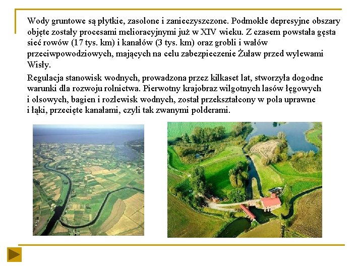Wody gruntowe są płytkie, zasolone i zanieczyszczone. Podmokłe depresyjne obszary objęte zostały procesami melioracyjnymi