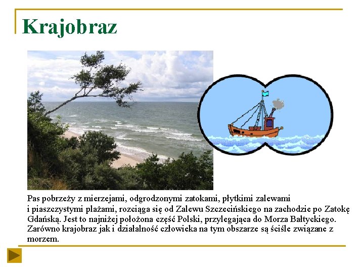 Krajobraz Pas pobrzeży z mierzejami, odgrodzonymi zatokami, płytkimi zalewami i piaszczystymi plażami, rozciąga się