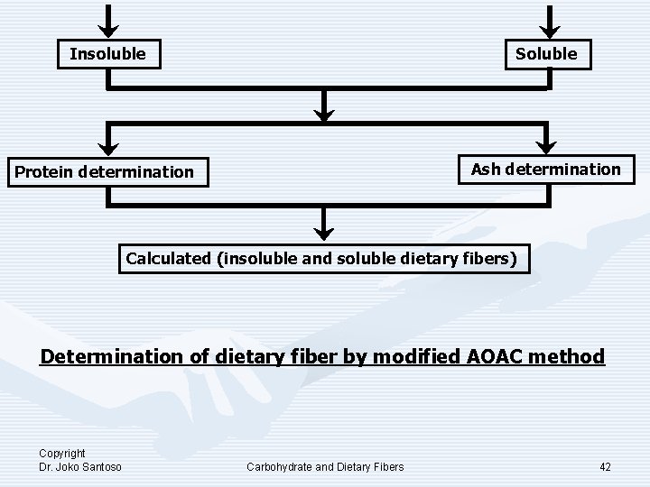 Insoluble Soluble Protein determination Ash determination Calculated (insoluble and soluble dietary fibers) Determination of