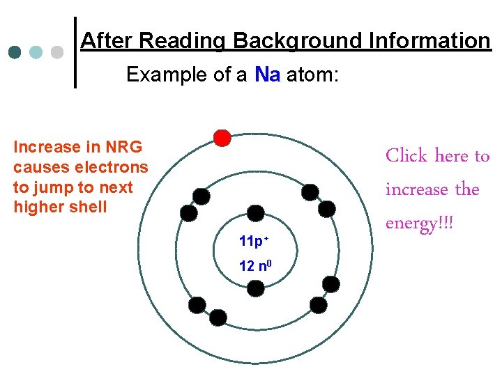 After Reading Background Information Example of a Na atom: Increase in NRG causes electrons After Reading Background Information Example of a Na atom: Increase in NRG causes electrons