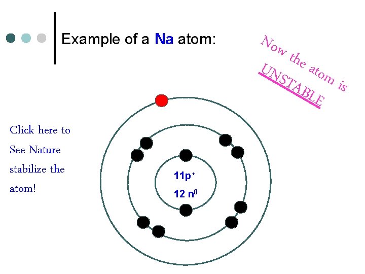 Example of a Na atom: Click here to See Nature stabilize the atom! 11 Example of a Na atom: Click here to See Nature stabilize the atom! 11