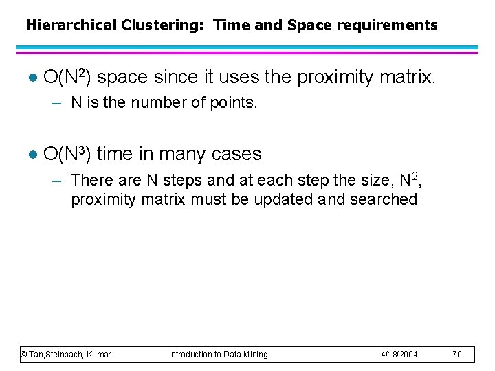 Hierarchical Clustering: Time and Space requirements l O(N 2) space since it uses the