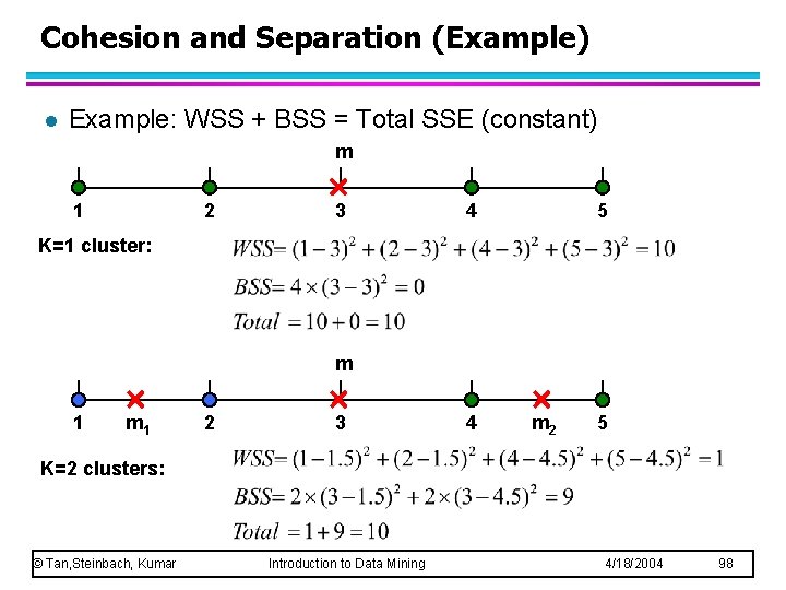 Cohesion and Separation (Example) l Example: WSS + BSS = Total SSE (constant) m