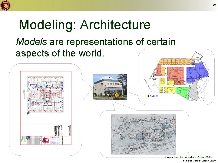 20 Modeling: Architecture Models are representations of certain aspects of the world. Images from