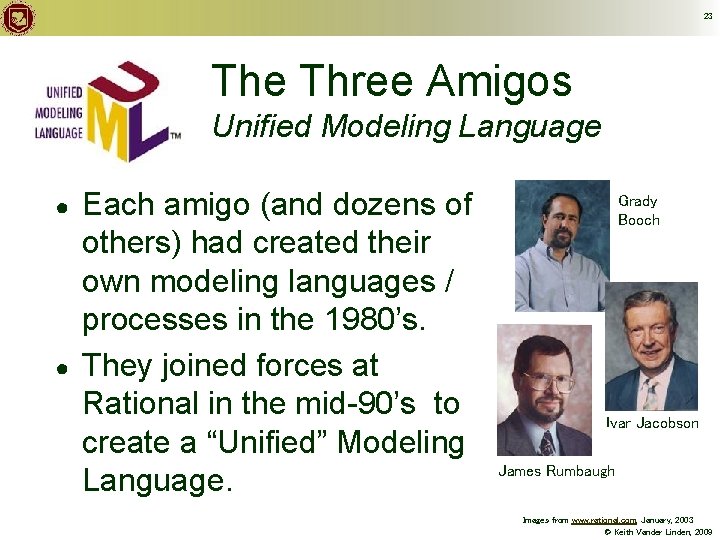 23 The Three Amigos Unified Modeling Language ● ● Each amigo (and dozens of