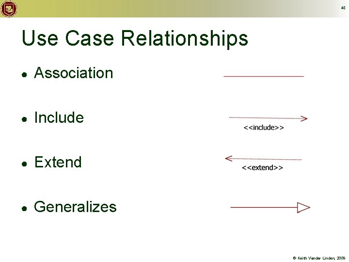 48 Use Case Relationships ● Association ● Include ● Extend ● Generalizes © Keith