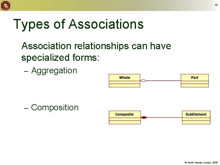 63 Types of Associations Association relationships can have specialized forms: – Aggregation – Composition