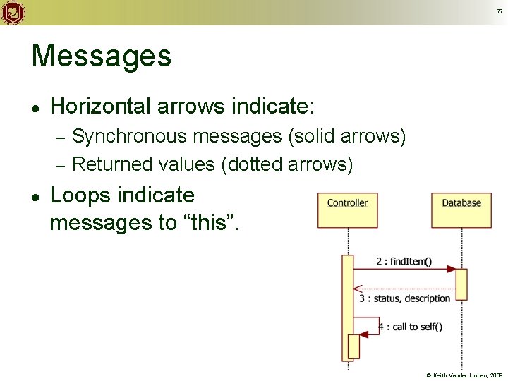 77 Messages ● Horizontal arrows indicate: Synchronous messages (solid arrows) – Returned values (dotted