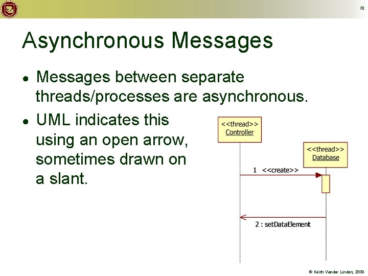 78 Asynchronous Messages ● ● Messages between separate threads/processes are asynchronous. UML indicates this