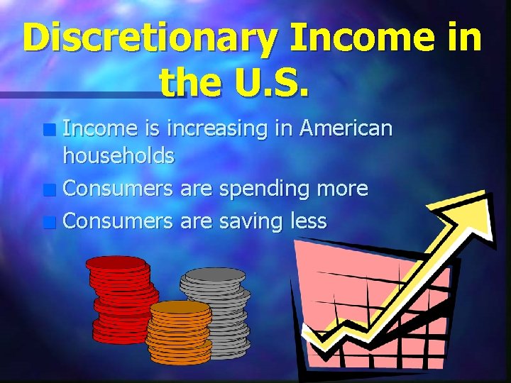 Discretionary Income in the U. S. Income is increasing in American households n Consumers