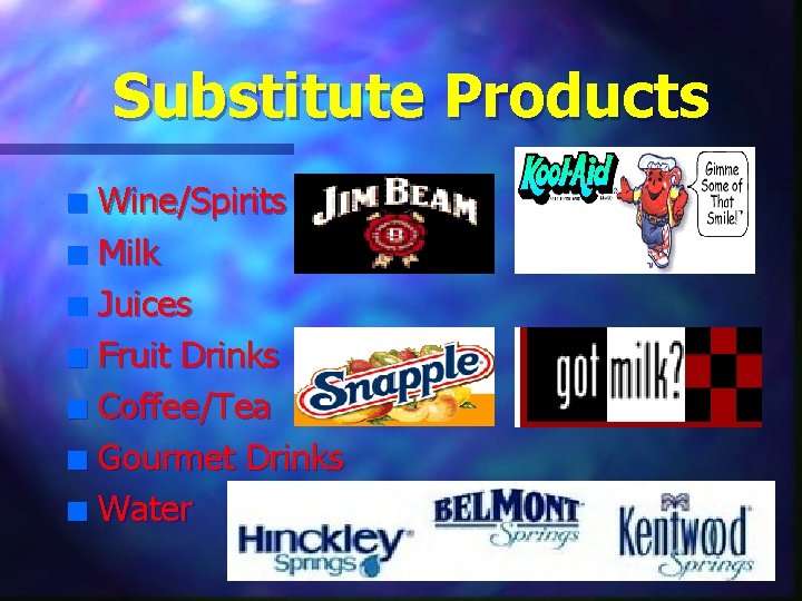 Substitute Products Wine/Spirits n Milk n Juices n Fruit Drinks n Coffee/Tea n Gourmet